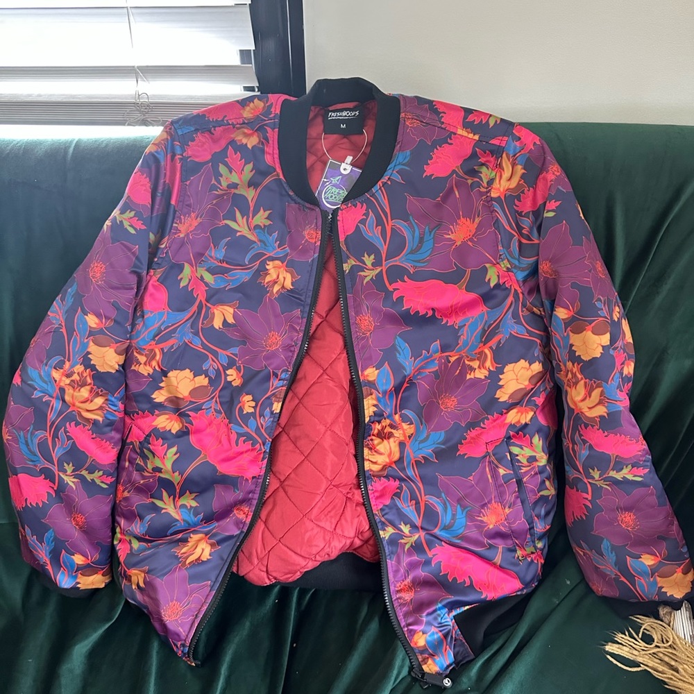 FreshHoods Full Zipper Multicolor floral design Lined Bomber Jacket size M NWT